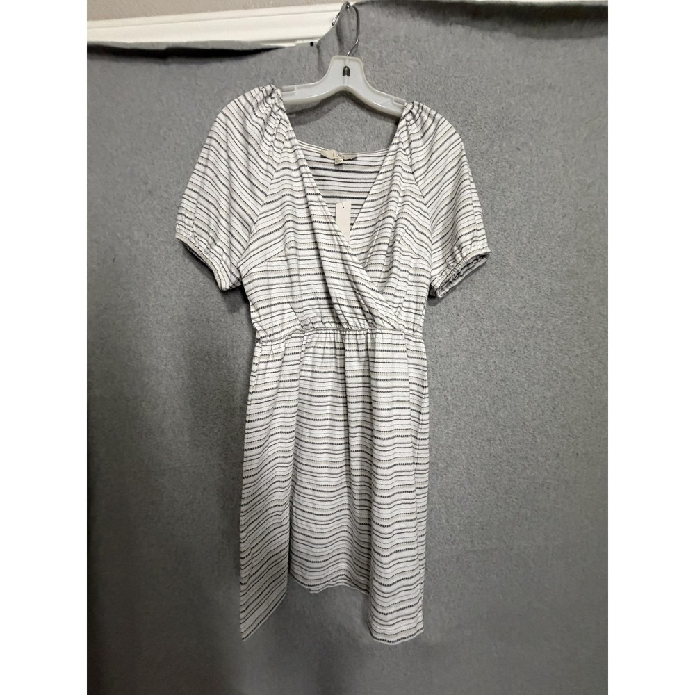 LOFT Dress Womens M White Stripe V Neck Puff Sleeve Jersey Fit & Flare Sundress